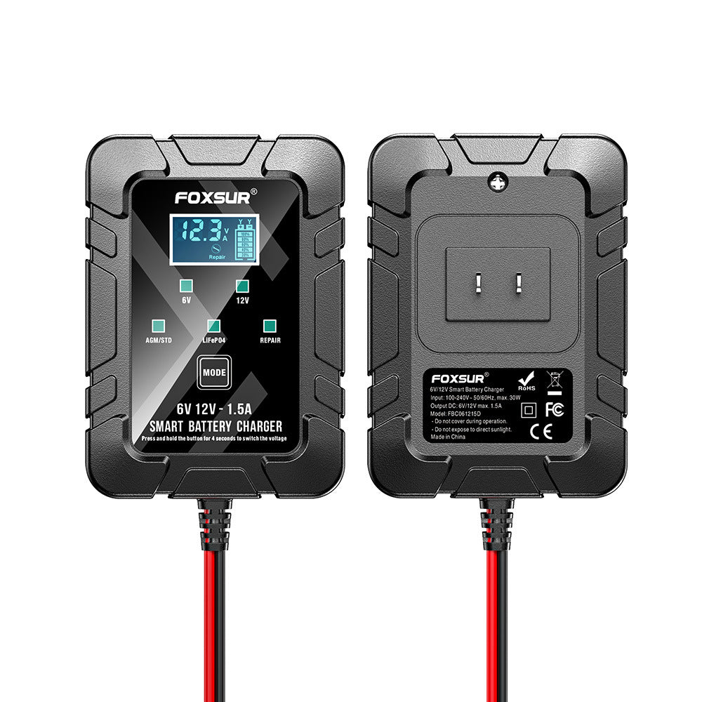 FOXSUR 6V 12V 1.5A Smart Battery Charger | AGM LiFePO4 Repair Mode LCD Display | Automatic Car Motorcycle Battery Maintainer