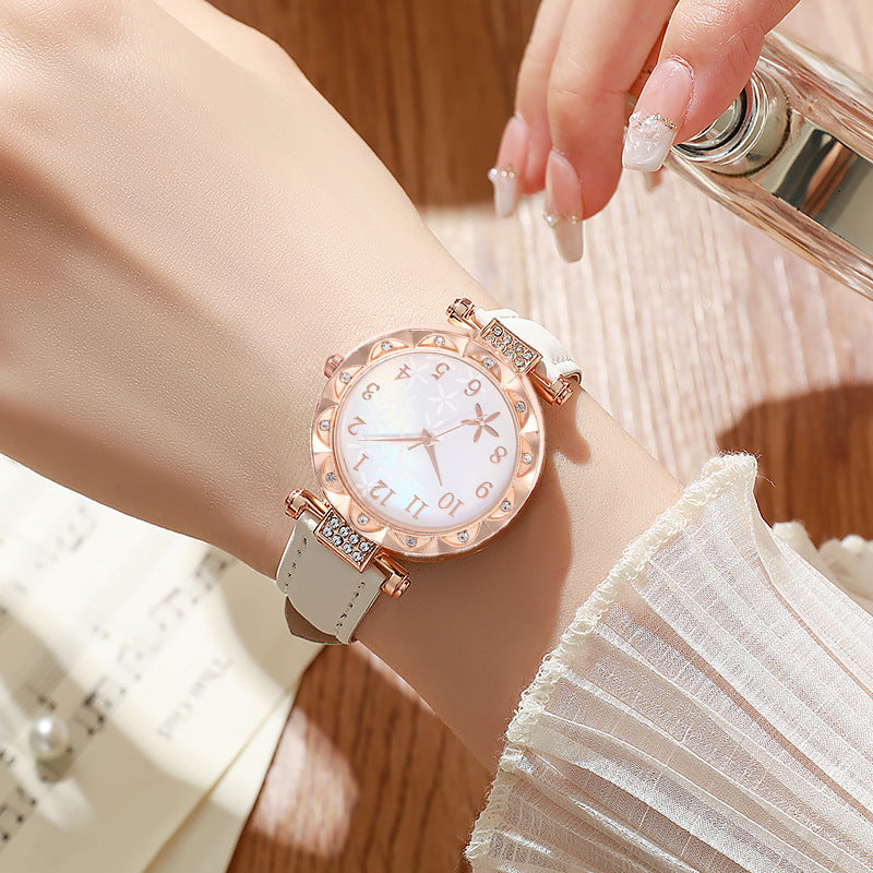 Women's Rose Gold Diamond Watch & Pearl Jewellery Gift Set | 6 Piece White Leather Strap Watch Necklace Earring Bracelet Ring Set