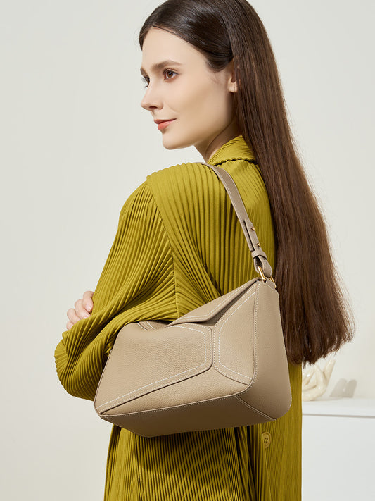 Lucia Una Shoulder Crossbody Bag in Beige Leather - Geometric Design Handbag | Convertible Strap Purse for Women
