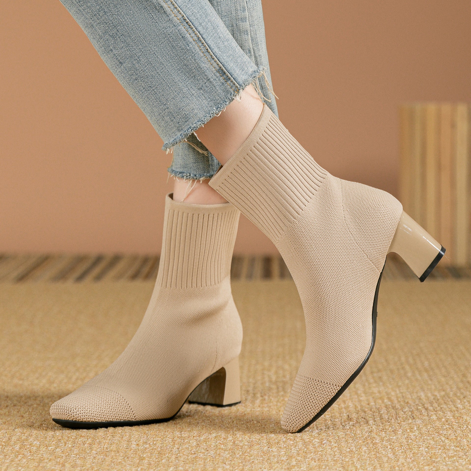 Black Ribbed Knit Sock Block Heel Ankle Boots | Women's Stretch Pointed Toe Silver Accent Heel Booties