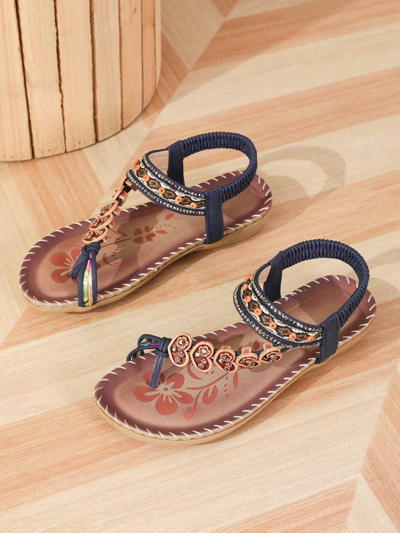 Women's Tan Boho Beaded Thong Sandals ? Ethnic Floral Rhinestone Elastic Ankle Strap Flat Summer Shoes