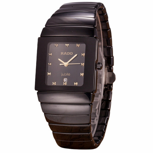 Black Ceramic Square Watch for Men | Gold Hands Crystal Markers Date Display Luxury Style