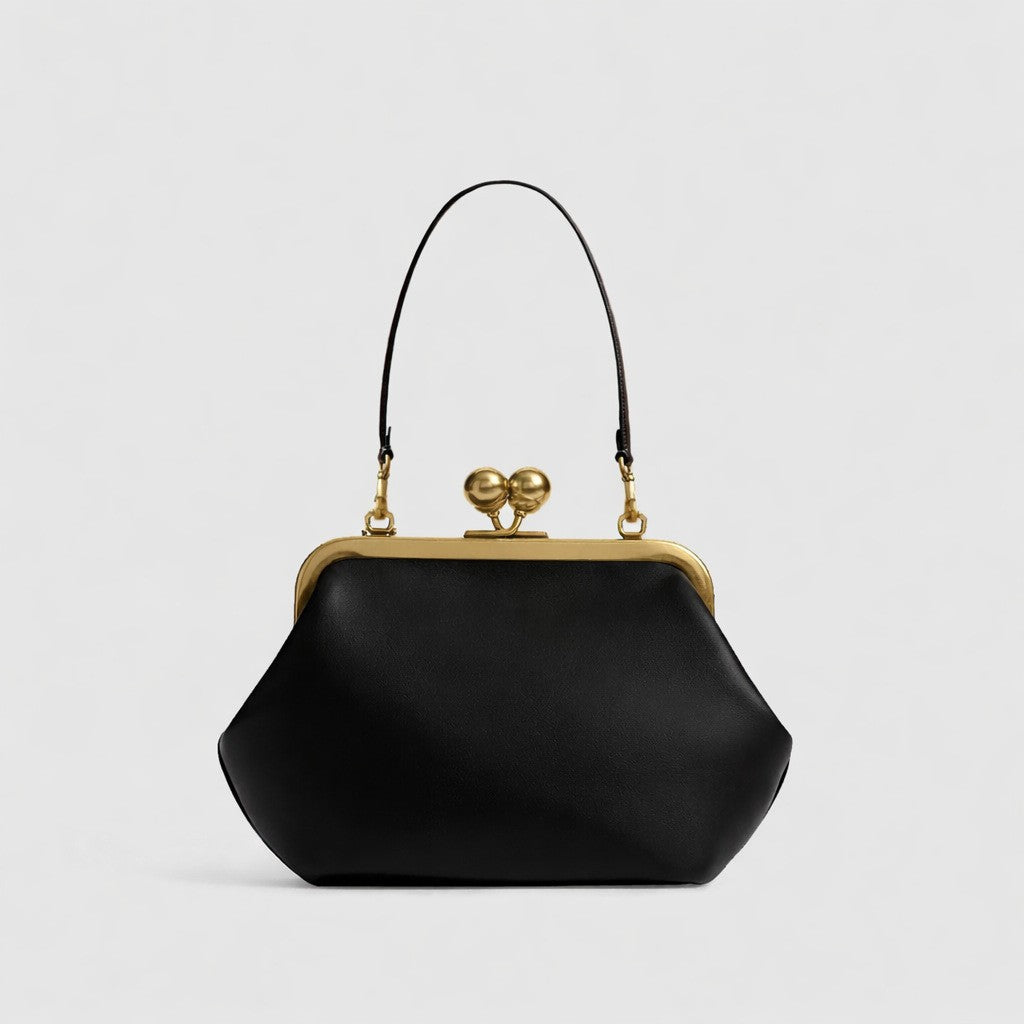 Oversized Black Kiss Lock Frame Bag | Gold Clasp Shoulder Bag for Women | Vintage Doctor Style Clutch Handbag