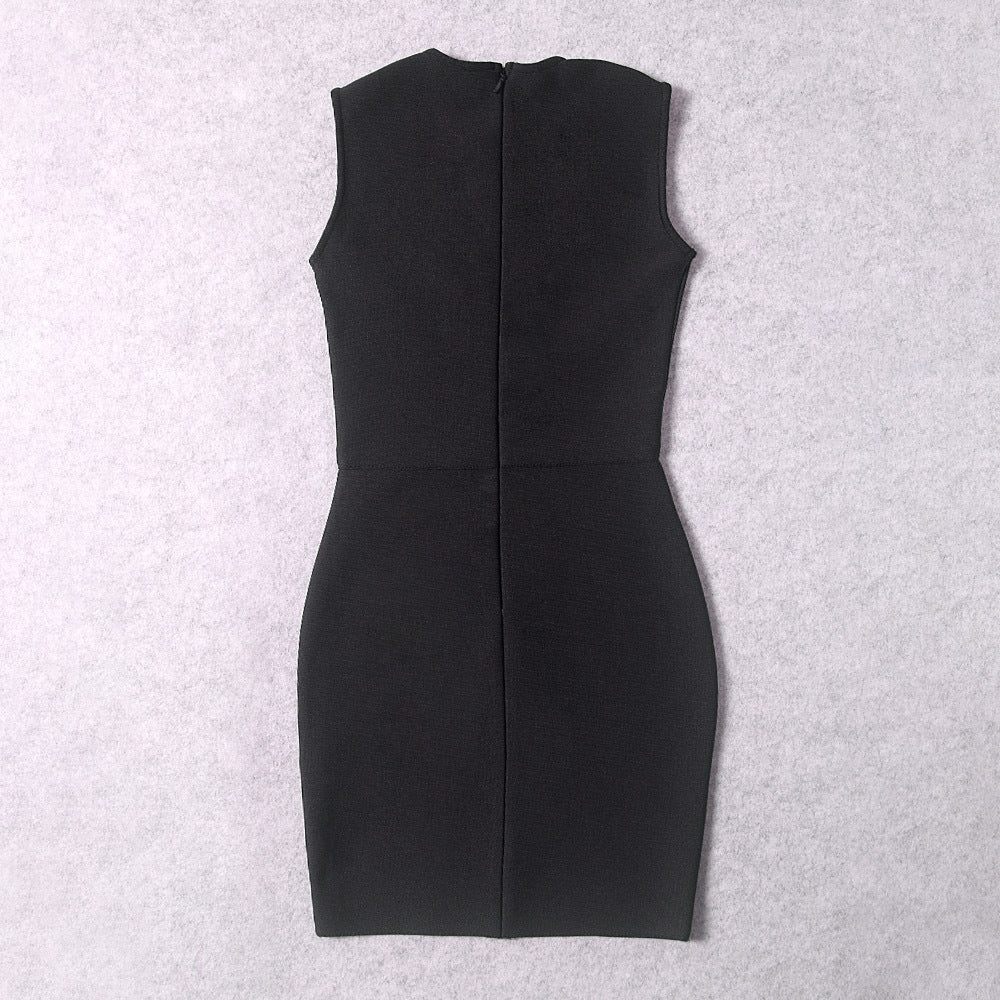 Black Mesh Rhinestone Bodycon Mini Dress | Sleeveless Deep V Cut-Out Party Dress | Club Night Out