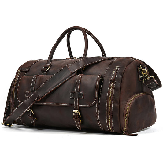 Men's Vintage Crazy Horse Leather Duffle Bag - Large Capacity Weekend Travel Bag with YKK Zippers, Shoulder Strap & Multiple Pockets - Genuine Leather Overnight Holdall Luggage Bag