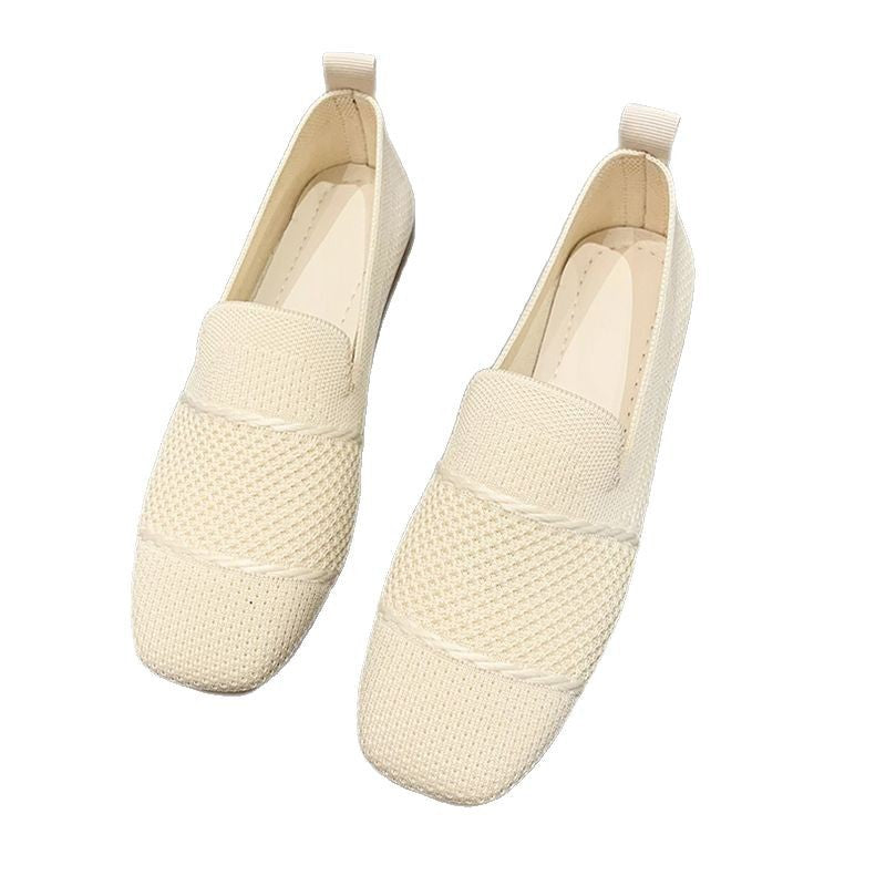 Khaki Knit Mesh Loafer Flats for Women | Breathable Slip-On Square Toe Knitted Flat Shoes | Casual Lightweight Everyday Loafers | Minimalist Woven Flat Shoes