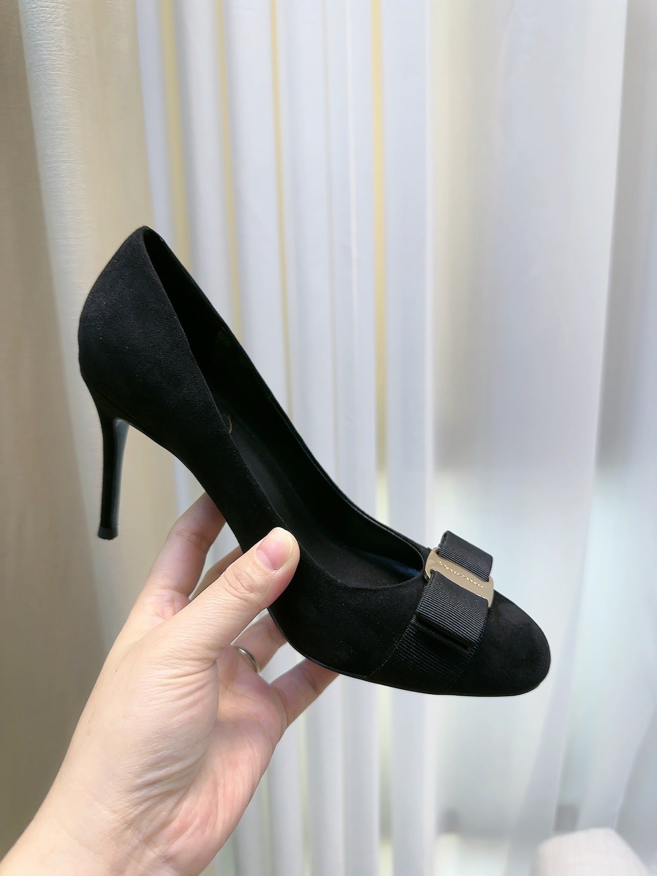 Grey Suede Round Toe Stiletto Pumps with Dark Purple Grosgrain Ribbon Bow & Gold Hardware | Elegant Luxury Heels for Women