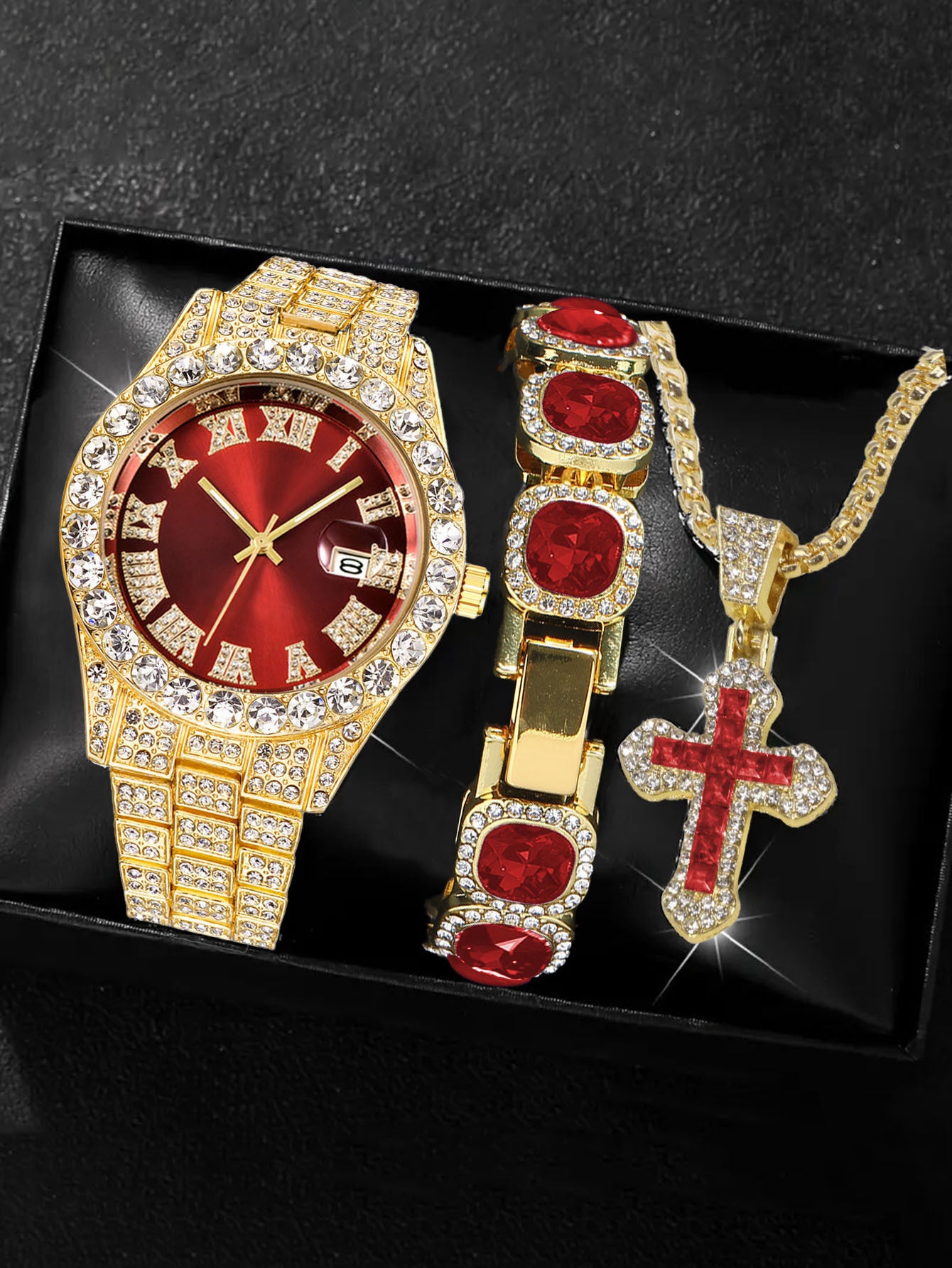 Men's Iced Out Green Emerald Watch Bracelet & Cross Necklace Set | Gold CZ Diamond Hip Hop Jewelry Gift Box
