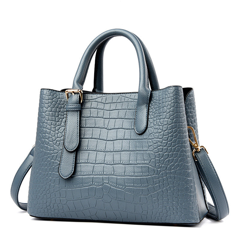 Blue Gray Crocodile Embossed Leather Handbag with Gold Hardware | Structured Tote