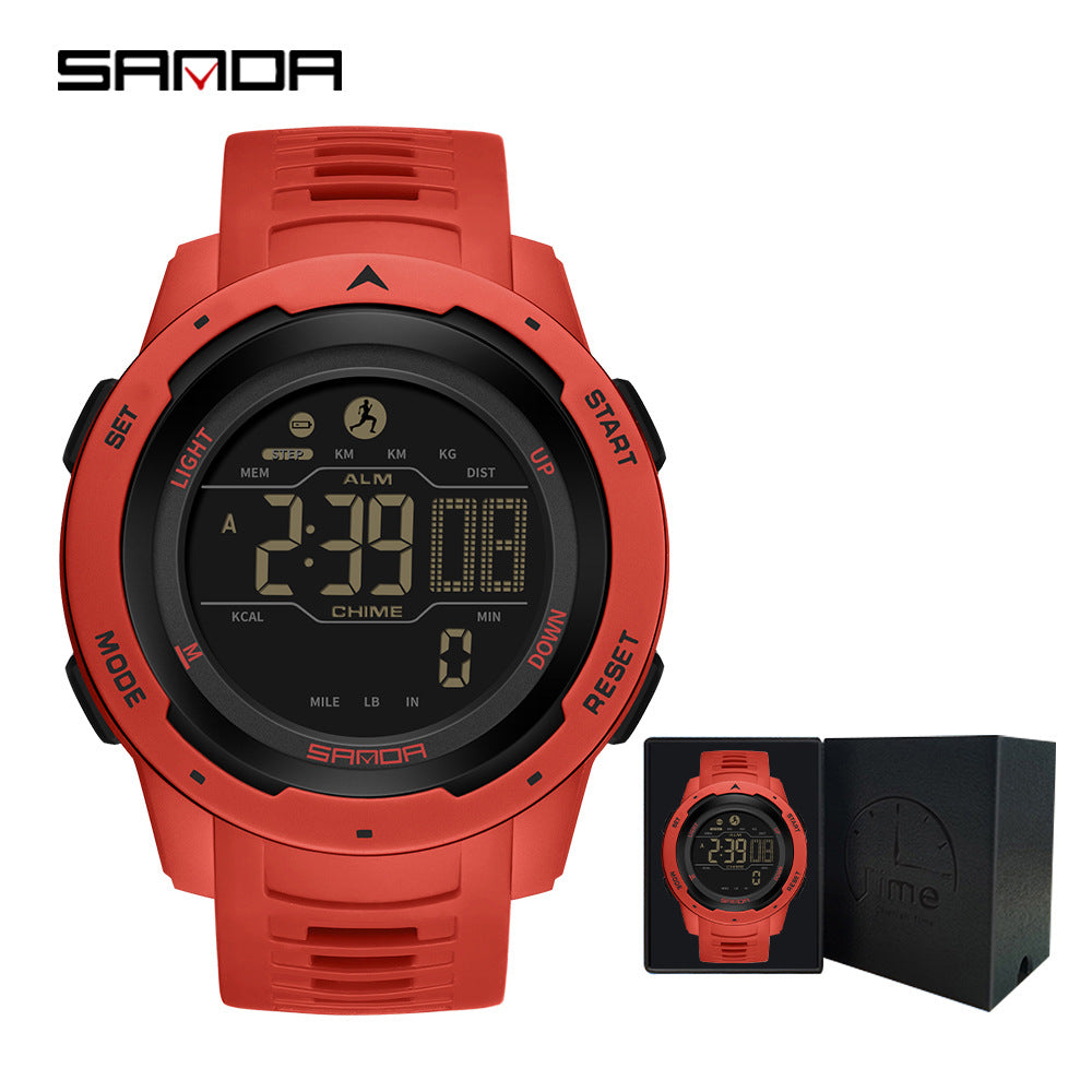 SANDA Red Digital Sports Watch | Pedometer Alarm Calorie Counter Men's Outdoor Fitness Watch