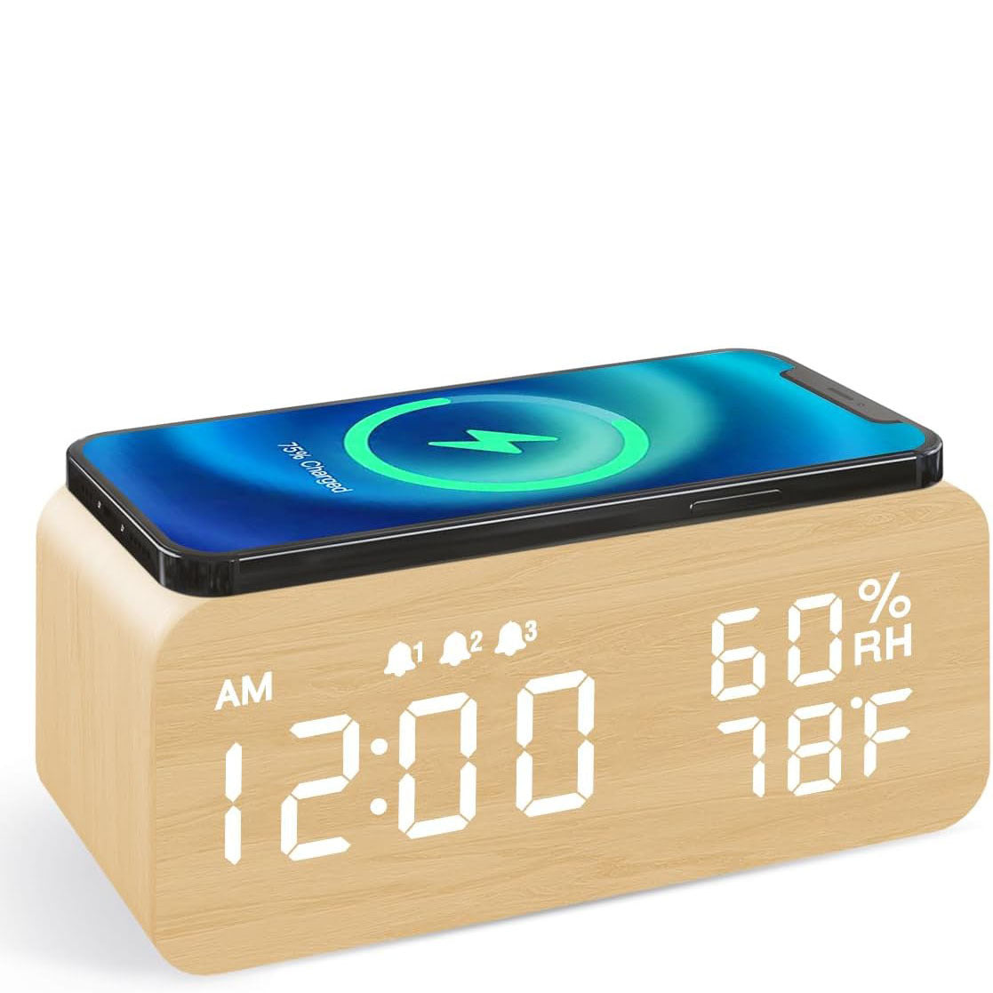 Wireless Charging Station Alarm Clock with Digital Display Temperature Humidity Wood Grain Design Qi Fast Wireless Charger for iPhone Android