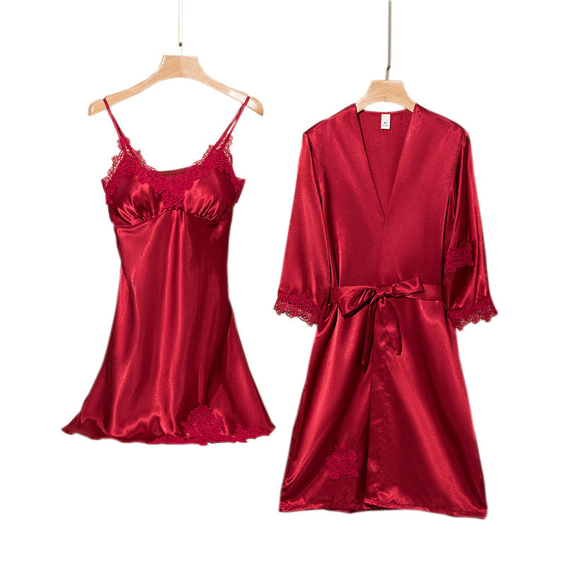 Women's Wine Red Satin Lace Trim 2 Piece Nightgown and Robe Set Sexy V Neck Slip Dress with Belted Dressing Gown Sleepwear