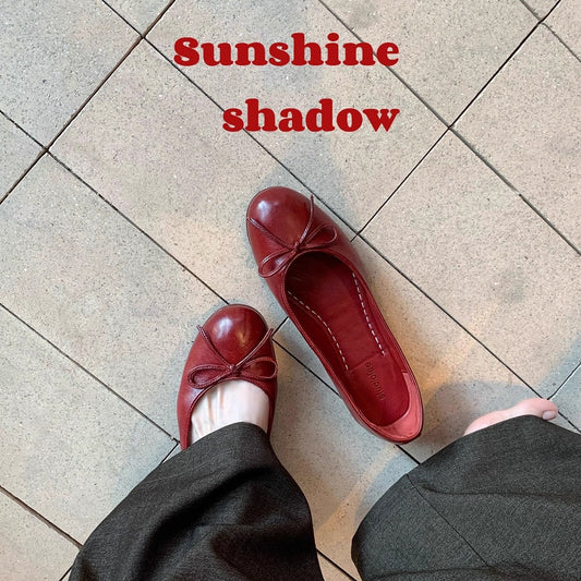 Rote Leder-Ballerinas für Damen | Runde Zehenkappe mit Schleifendetail Klassische Ballerinas | Weiche Slip-On Pumps
