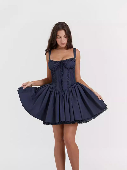 Women's Corset Bodice Mini Dress Sexy Boned Bustier Square Neck Lace Trim Flared Skirt Party Dress 5 Colors
