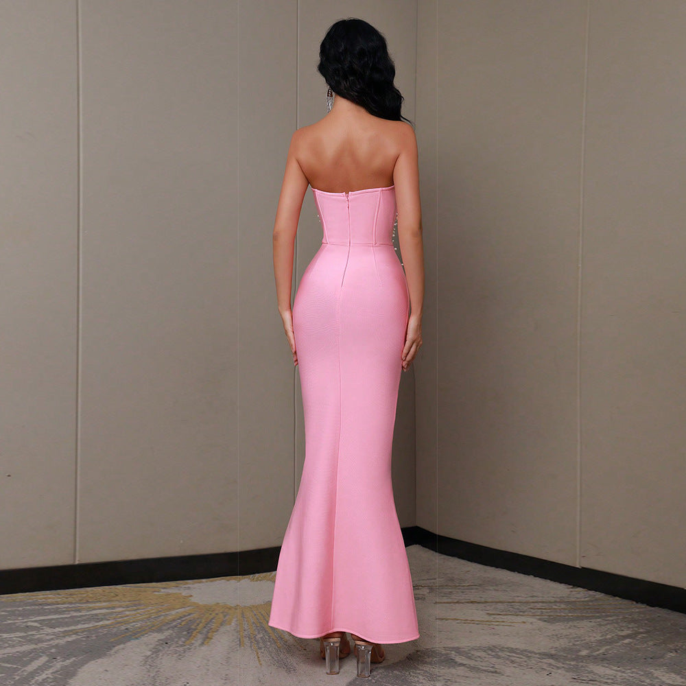 White Pearl Embellished Strapless Corset Mermaid Maxi Dress Bodycon Fishtail Gown | Women Elegant Evening Wedding Bridal Formal Party Dress