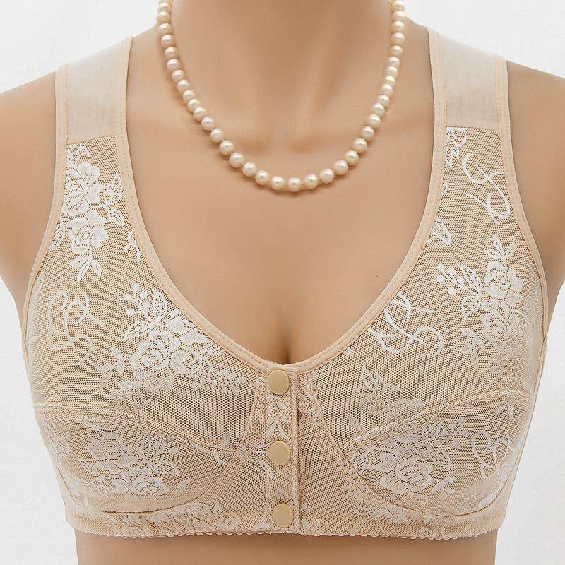 Women's Front Closure Floral Lace Wireless Bra | Wide Strap Full Coverage Snap Button Bra | Comfort Bra for Seniors