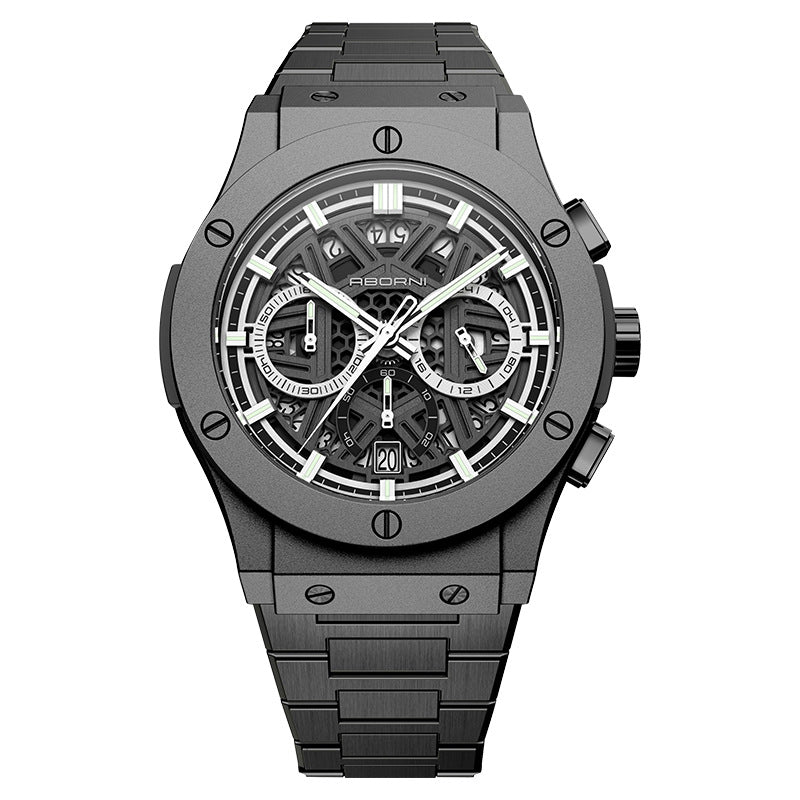 ساعة ABORNI Skeleton Chronograph للرجال | علبة فضية مكشوفة ببراغي، مينا مفتوح، سوار فولاذي، ساعة مزودة بتقويم