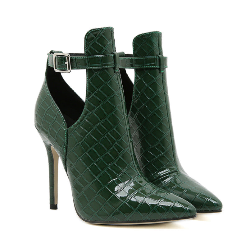Women's Black Stiletto Ankle Boots | Pointed Toe | Buckle Strap | Cutout Detail | High Heel Fashion Boots