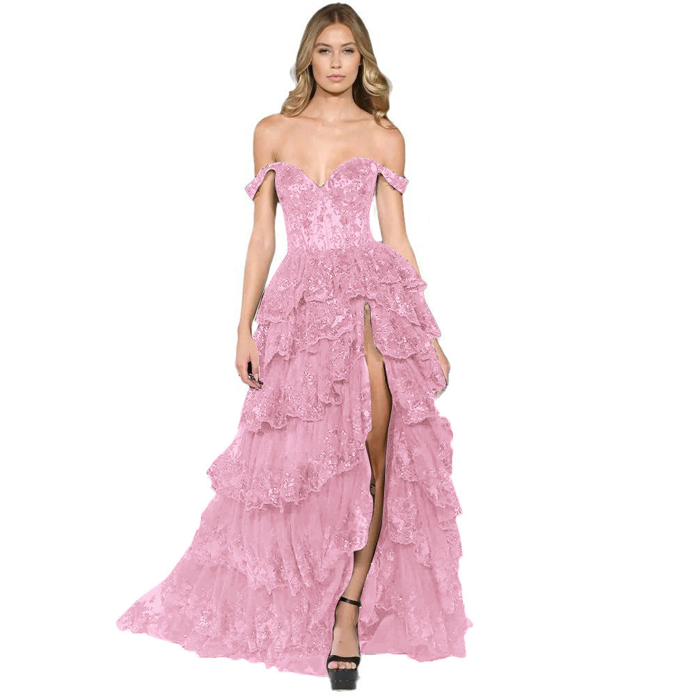 Black Off-Shoulder Sequin Lace Tiered Gown | Corset Ruffle Slit Formal Dress | Prom Evening Gown
