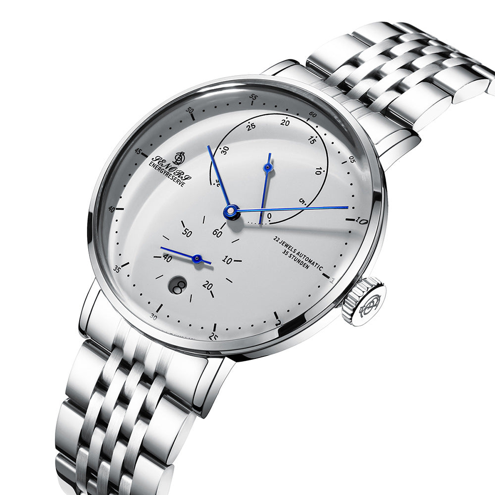 JENORS Energy Reserve Men's Automatic Watch | Black Starfield Dial 22 Jewels Power Reserve Indicator Silver Steel Luxury Timepiece