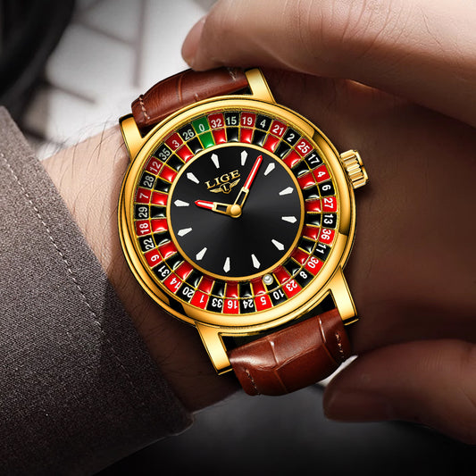 LIGE Casino Roulette Wheel Watch Men | Silver & Black Quartz Dress Watch | Leather Strap Novelty Gambling Timepiece Gift