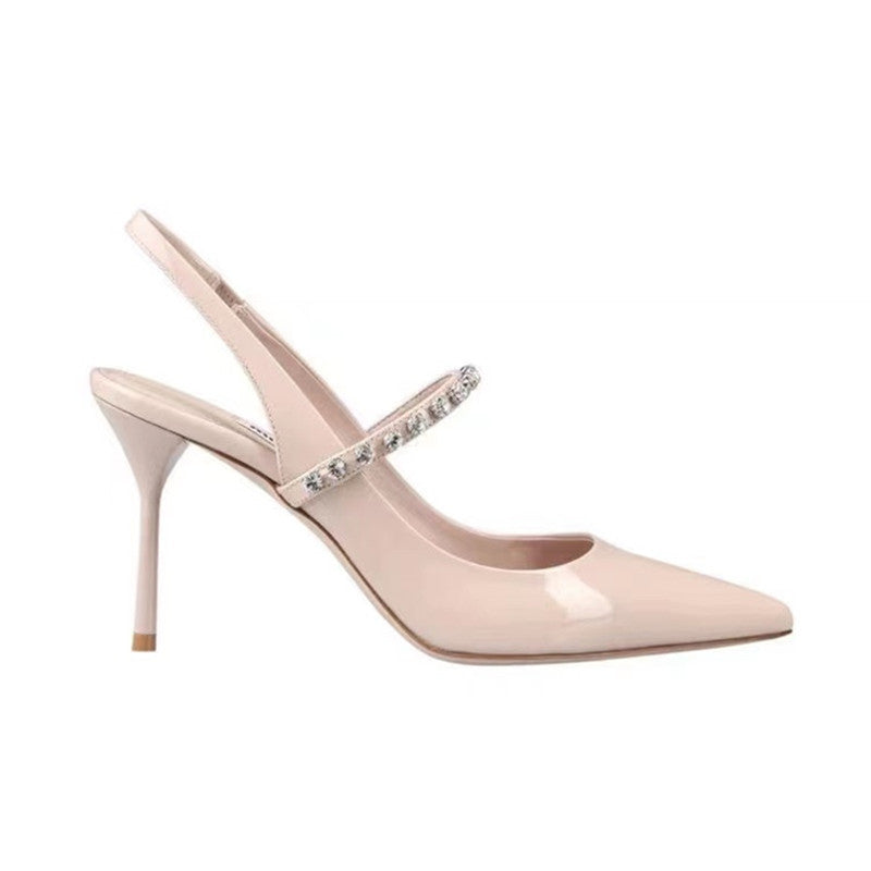 Silver Satin Rhinestone Strap Slingback Stiletto Heels for Women | Crystal Embellished Pointed Toe High Heel Pumps | Luxury Bridal Wedding Evening Heels | Designer Inspired Jewel Strap Heels