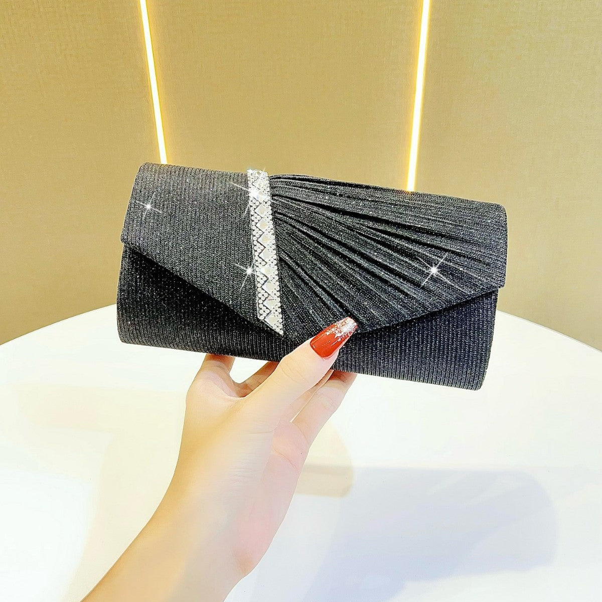 Silver Glitter Evening Clutch - Pleated Envelope Bag with Rhinestone Trim | Sparkly Formal Clutch for Weddings & Parties