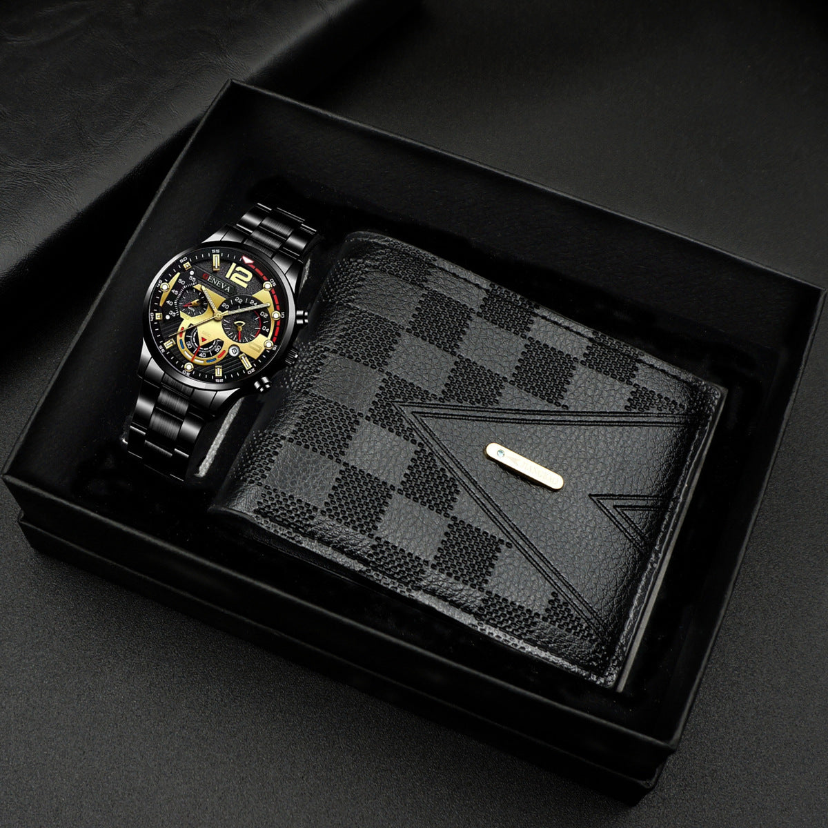 Geneva Men's 3-Piece Black Gift Set | Chronograph Watch + Cuban Link Bracelet + Cross Necklace Luxury Jewelry Box