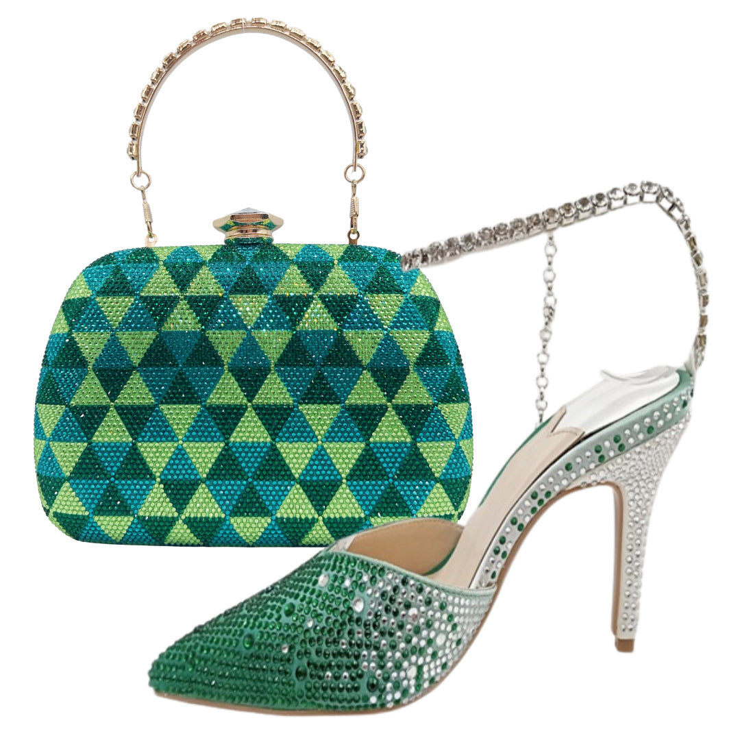 Green Crystal Rhinestone Heels & Matching Clutch Bag Set | Diamante Stiletto Pointed Toe Slingback Evening Shoes & Purse