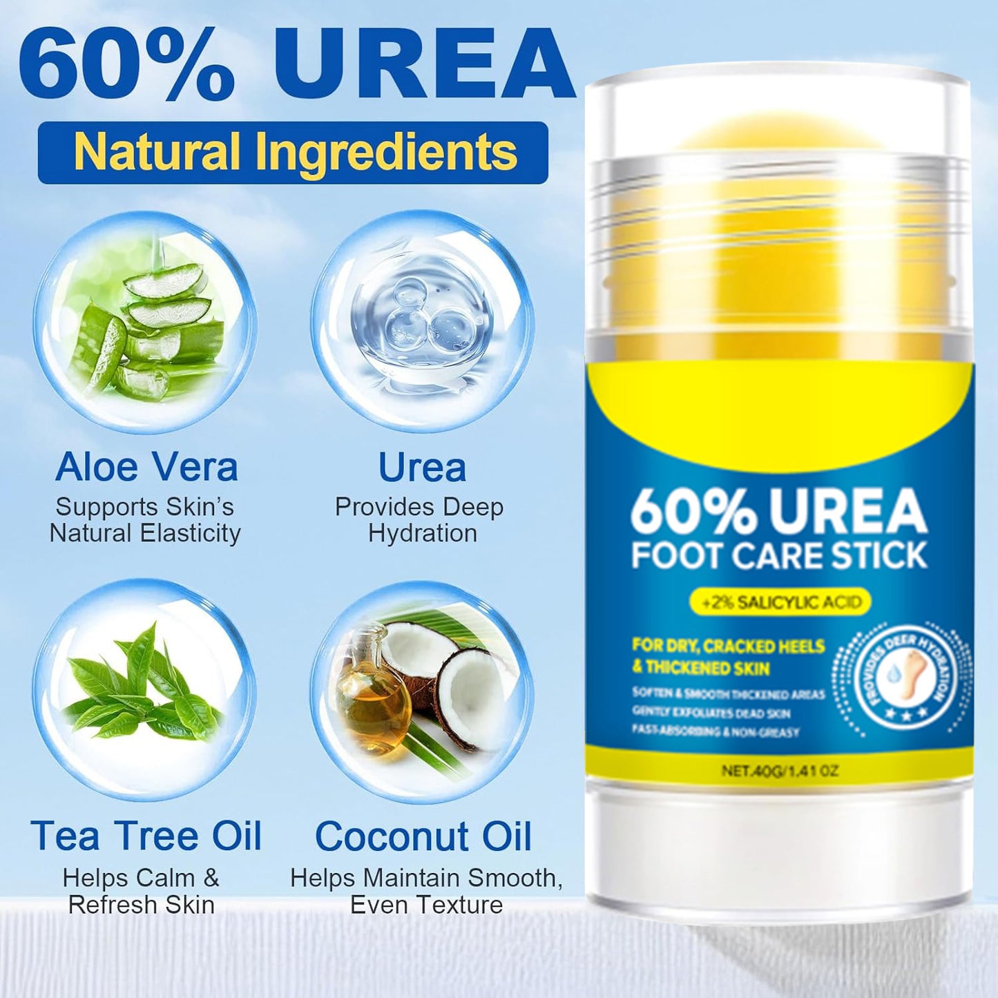 60% Urea Foot Care Stick + 2% Salicylic Acid | Deep Hydration for Dry Cracked Heels & Thickened Skin | Fast Absorbing Non-Greasy Foot Balm | 40g