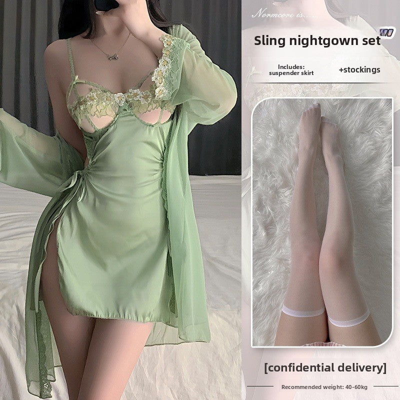 Women's Green Satin Lace Babydoll Lingerie Set Sexy Hollow Out Chemise Mini Slip Dress with Robe