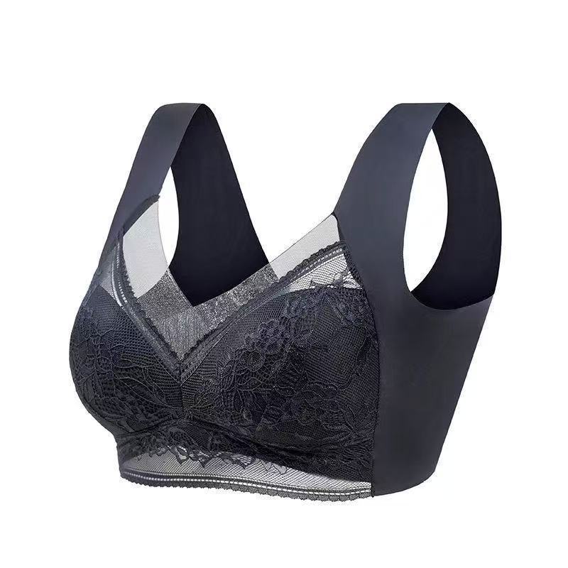 Women's Blue Lace Wireless Bralette with Wide Straps, Floral Lace Cups and V Neckline for Everyday Comfort
