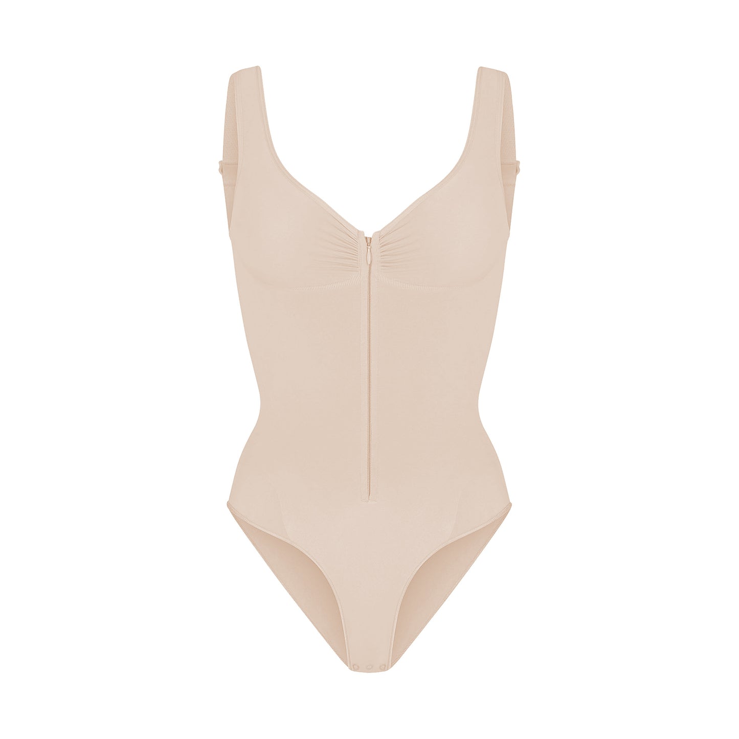 Womens Seamless Tummy Control Bodysuit Shapewear with Zipper Front Deep V Neck Adjustable Straps Thong Body Shaper in Nude and Black