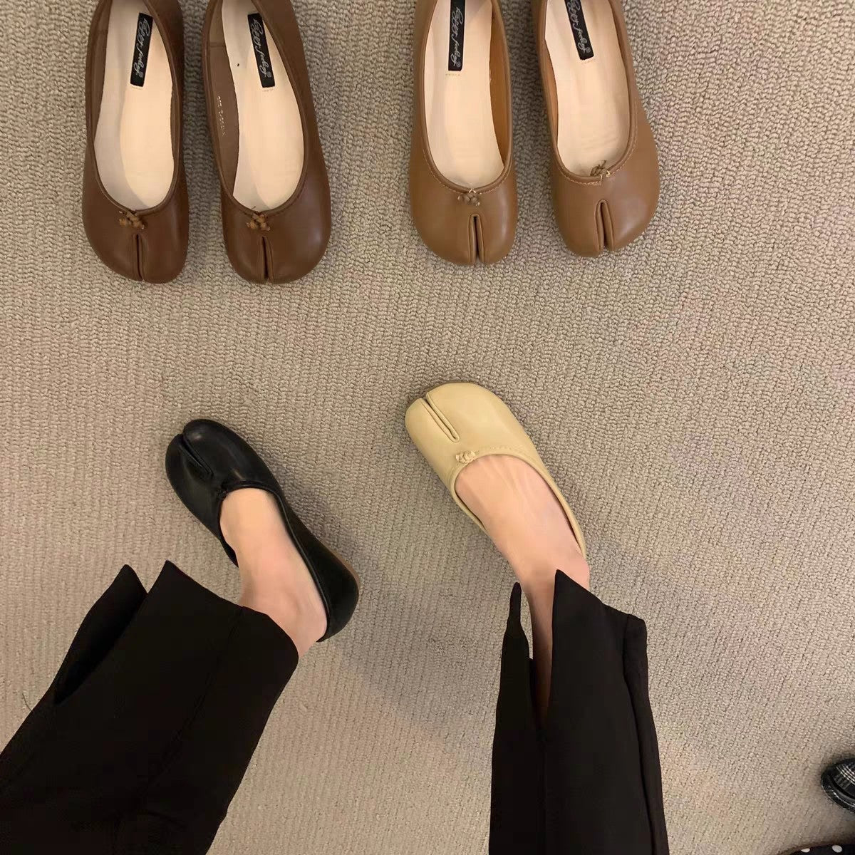 Black Leather Split Toe Tabi Ballet Flats | Japanese Inspired Bifurcated Flat Shoes for Women