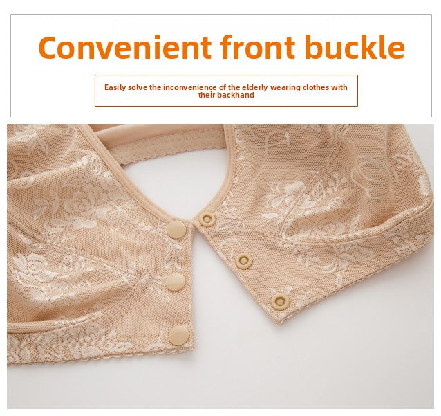 Women's Front Closure Floral Lace Wireless Bra | Wide Strap Full Coverage Snap Button Bra | Comfort Bra for Seniors