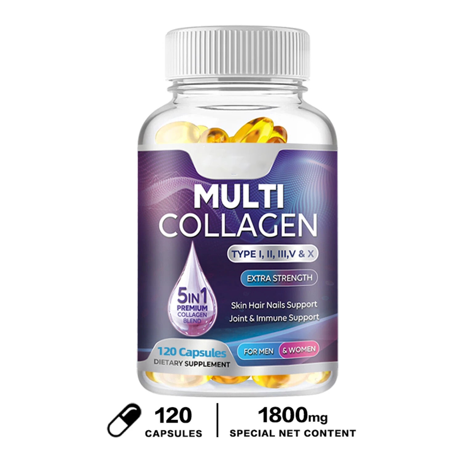 Multi Collagen Capsules Type I II III V & X | 5-in-1 Extra Strength 1800mg 120 Capsules Skin Hair Nails Joint & Immune Support for Men & Women