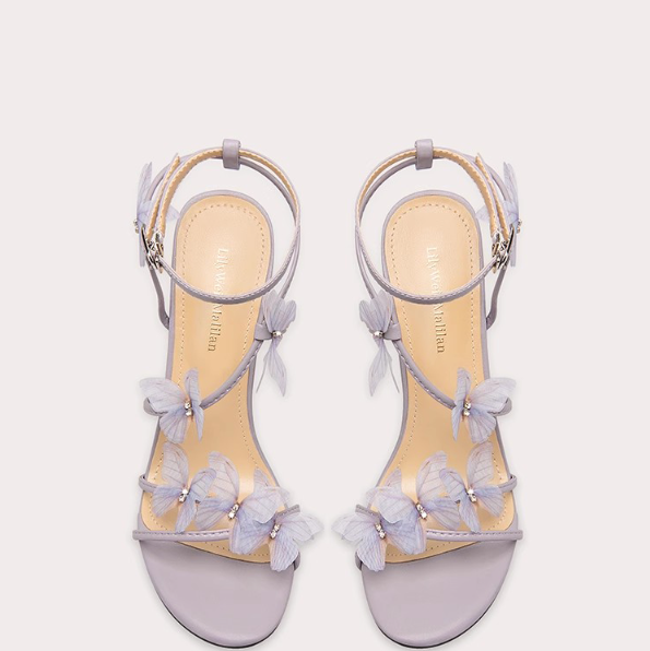 Lavender Grey Butterfly Flower Ankle Strap Stiletto Sandals | 3D Organza Butterfly Embellished Strappy High Heels for Women | Wedding Bridal Fairy Garden Party Shoes