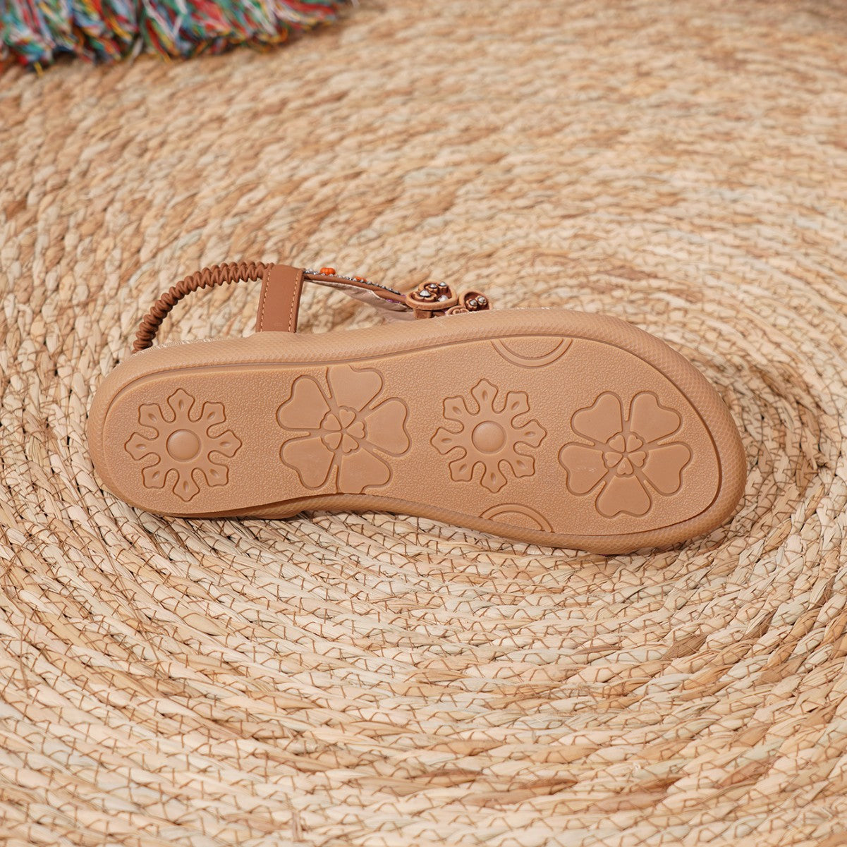 Women's Tan Boho Beaded Thong Sandals ? Ethnic Floral Rhinestone Elastic Ankle Strap Flat Summer Shoes
