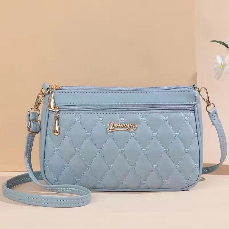 Navy Blue Quilted Crossbody Bag - Diamond Pattern Shoulder Bag with Double Zipper | Structured Small Purse with Gold Hardware