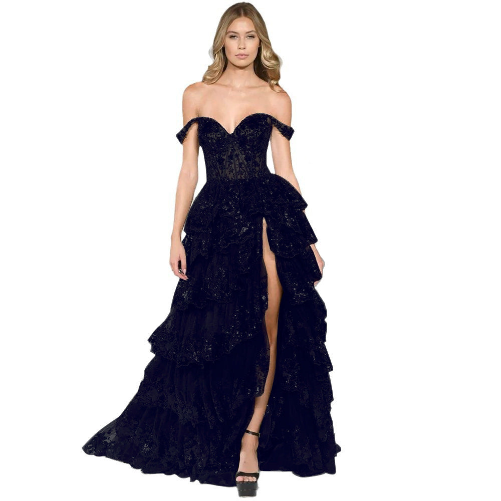 Black Off-Shoulder Sequin Lace Tiered Gown | Corset Ruffle Slit Formal Dress | Prom Evening Gown