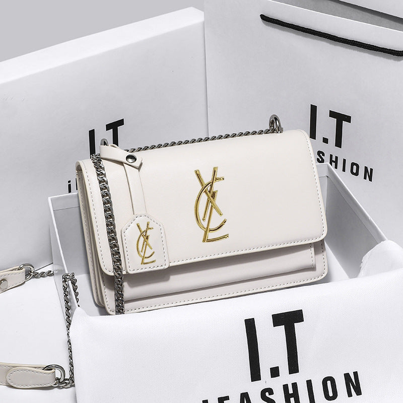 White Leather Crossbody Bag - Designer Inspired Flap Bag with Gold Logo Hardware | Chain Strap Shoulder Bag with Dust Bag