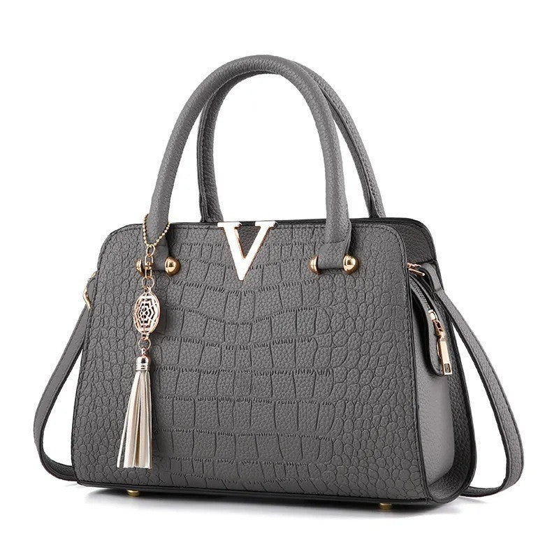 Black Crocodile Pattern Handbag with Gold V Hardware & Tassel | Luxury Women's Shoulder Satchel
