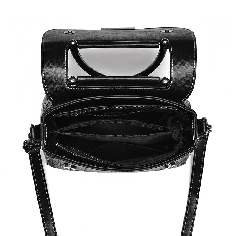 Black Crocodile Embossed Leather Handbag - Structured Top Handle Crossbody Bag with Shoulder Strap | Women's Designer Style Purse