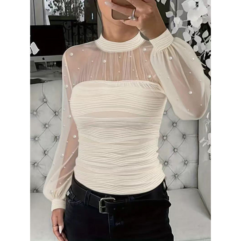 قميص بأكمام طويلة شبكي مرصع باللؤلؤ