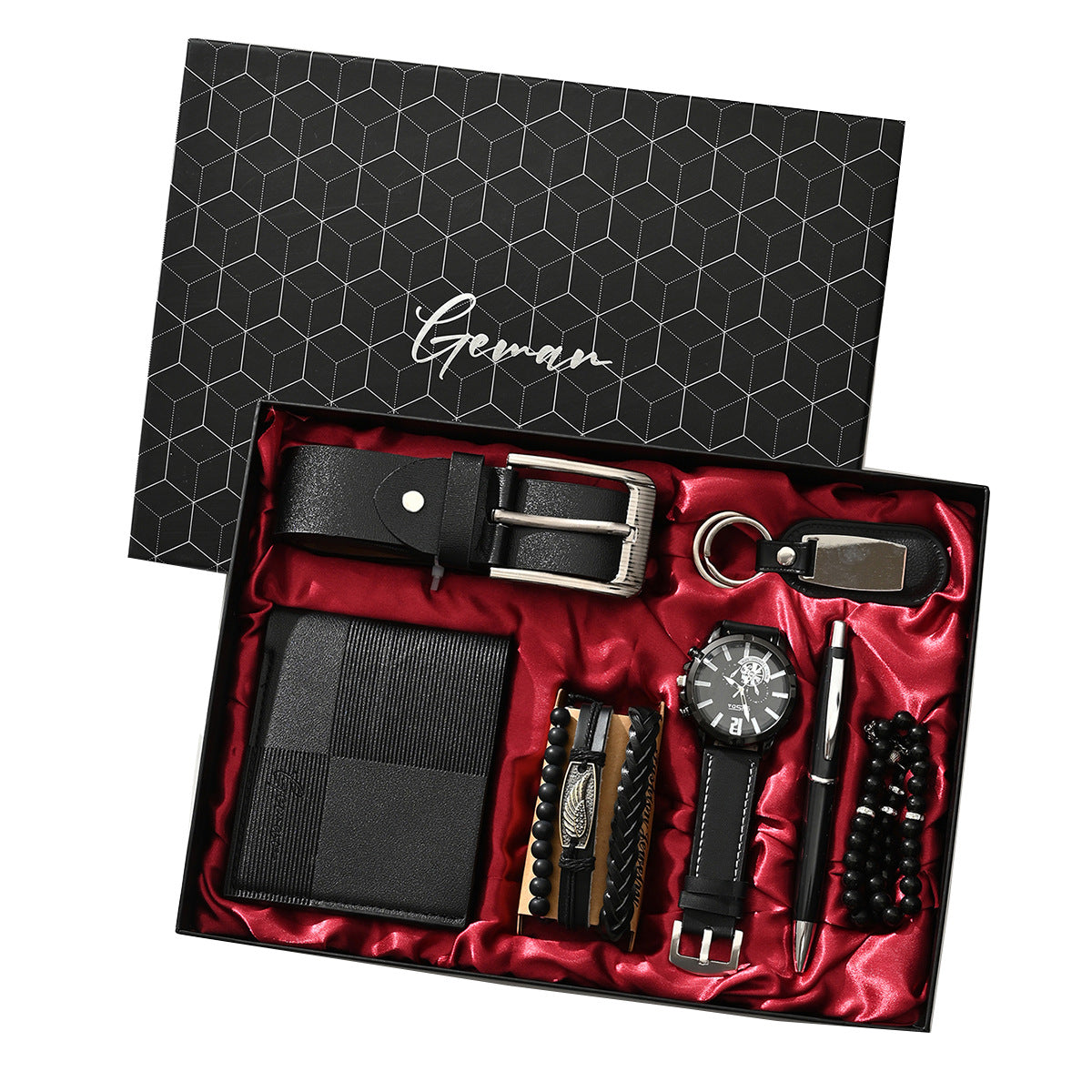 Geman Men's Luxury Gift Set – 6-Piece Black Leather Belt, Wallet, Watch, Bracelet, Keychain & Pen Box Set | Premium Men's Gift