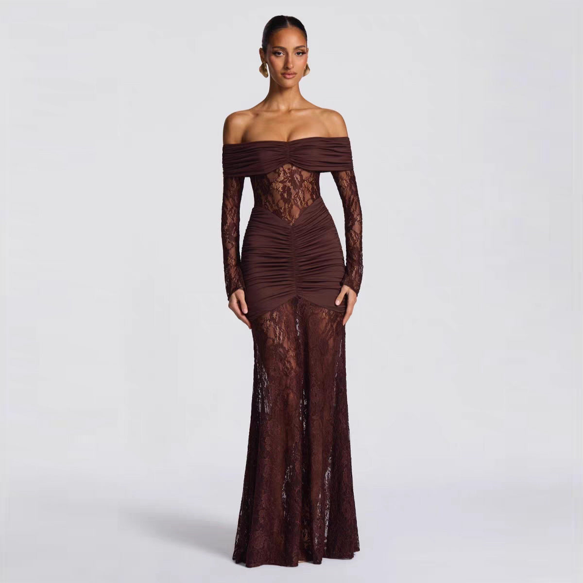 Black Off Shoulder Lace Maxi Dress - Long Sleeve Ruched Bodycon Mermaid Gown | Formal Evening & Wedding Guest Dress