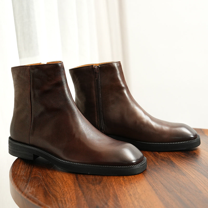 Men's Black Leather Ankle Boots Fleece Lined | Zip Up Winter Chelsea Boot Warm Dress Boot Style 96197