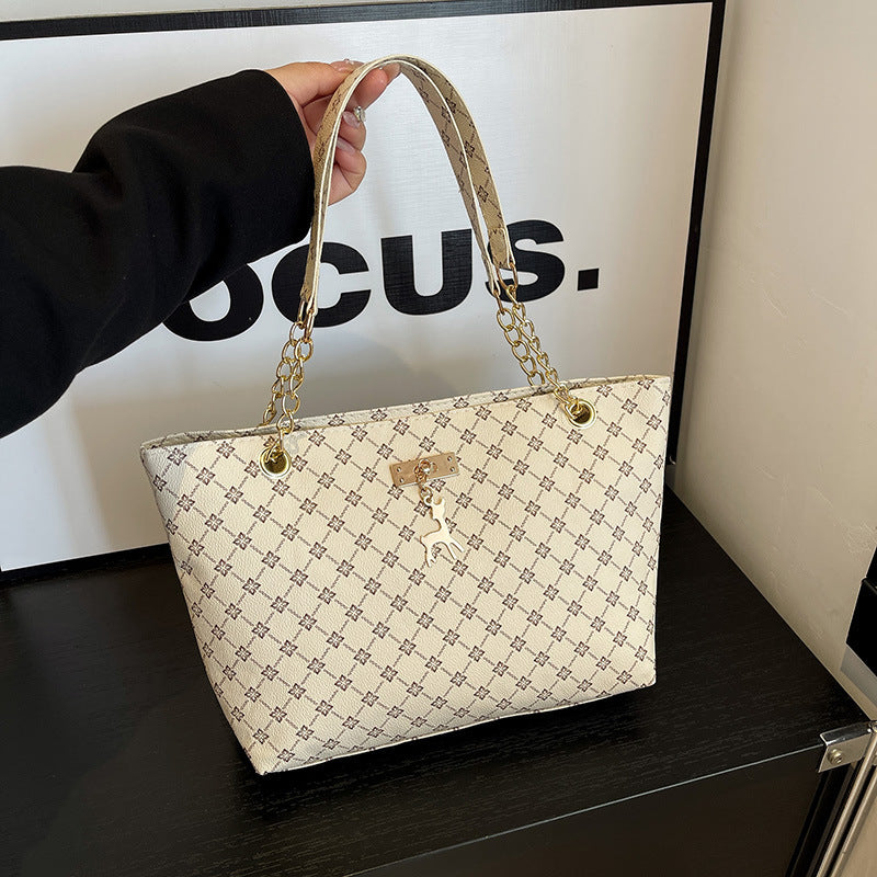Black Monogram Pattern Chain Strap Tote Bag Gold Deer Charm Lock Detail Shoulder Bag | Women Luxury Designer Inspired Large Everyday Handbag Purse