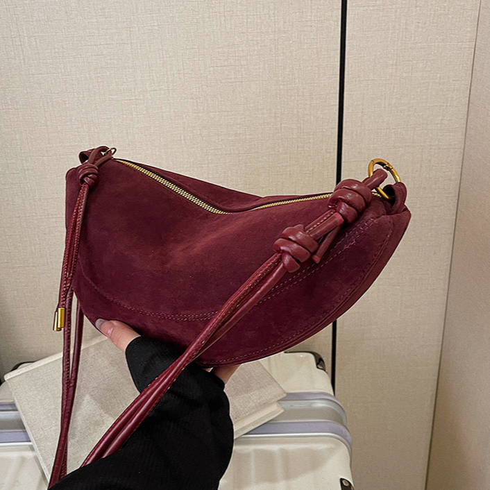 Black Suede Crescent Shoulder Bag | Knotted Strap Half Moon Hobo Bag with Gold Hardware & Charm