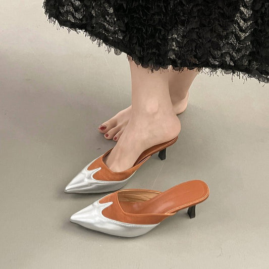 Mule con Tacco a Spillo Bicolore da Donna | Sandali con Tacco a Spillo Color Argento e Marrone | Eleganti Mule Vestito con Blocchi di Colore